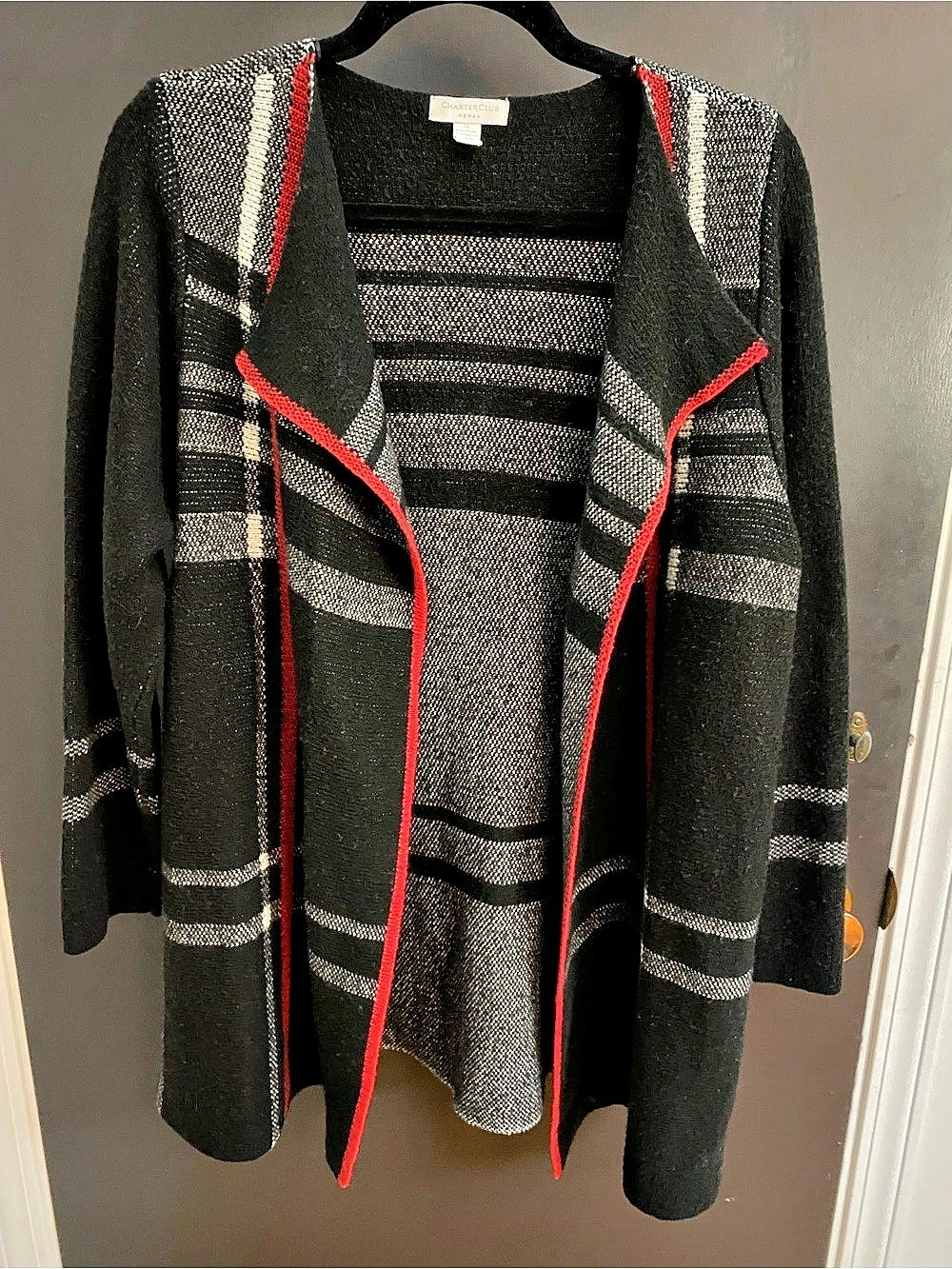 Charter Club Black Plaid Open Front Long Cardigan Sweater with Red Trim 1X